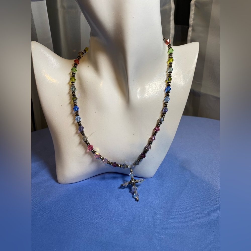 Vintage Multicolor Glass Bead 925 Sterling Silver Cross Pendant Necklace
